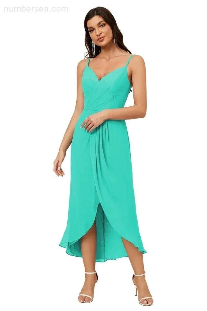 ZapDress Spaghetti Chiffon V Neck Bridesmaid Dress Mid-Length Slit Formal Prom Dress Homecoming Dress 2803 (ZD16952)