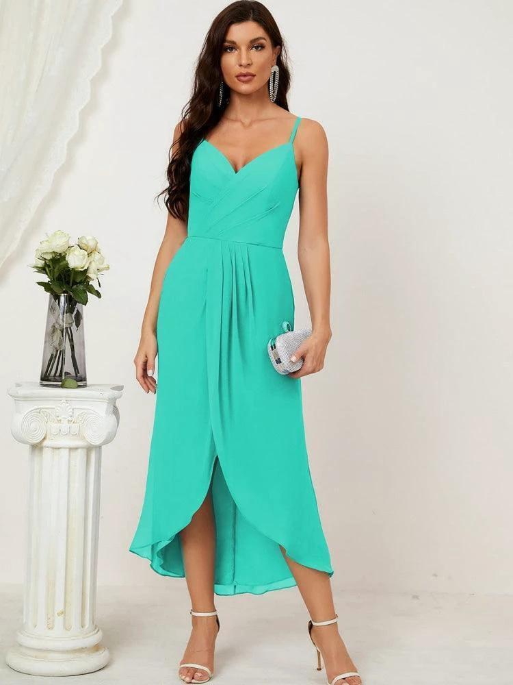 Numbersea Spaghetti Chiffon V Neck Bridesmaid Dress Mid-Length Slit Formal Prom Dress Homecoming Dress 2803 by numbersea