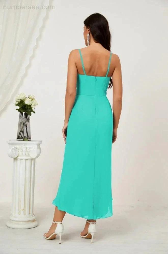 ZapDress Spaghetti Chiffon V Neck Bridesmaid Dress Mid-Length Slit Formal Prom Dress Homecoming Dress 2803 (ZD16952)
