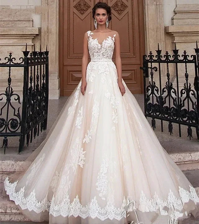 Transparent Champagne Bride with Removable Pearl Belt Sleeveless Bare Back Lace2023 Series wedding dress (ZD13300)