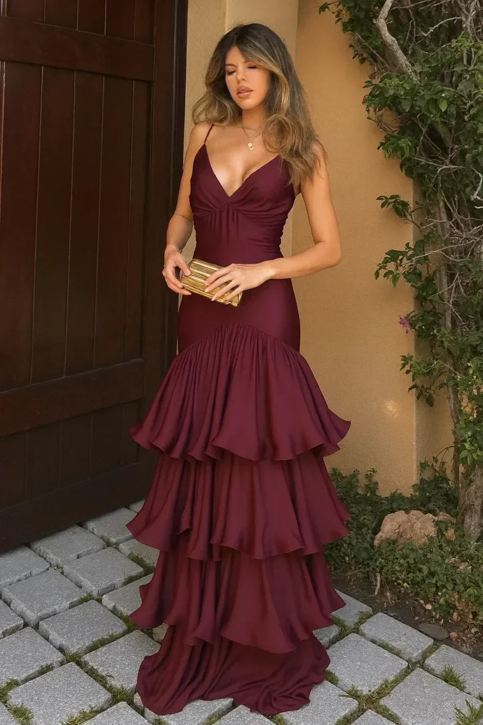 Trendy A Line Spaghetti Straps Burgundy Long Prom Dress with Ruffles
