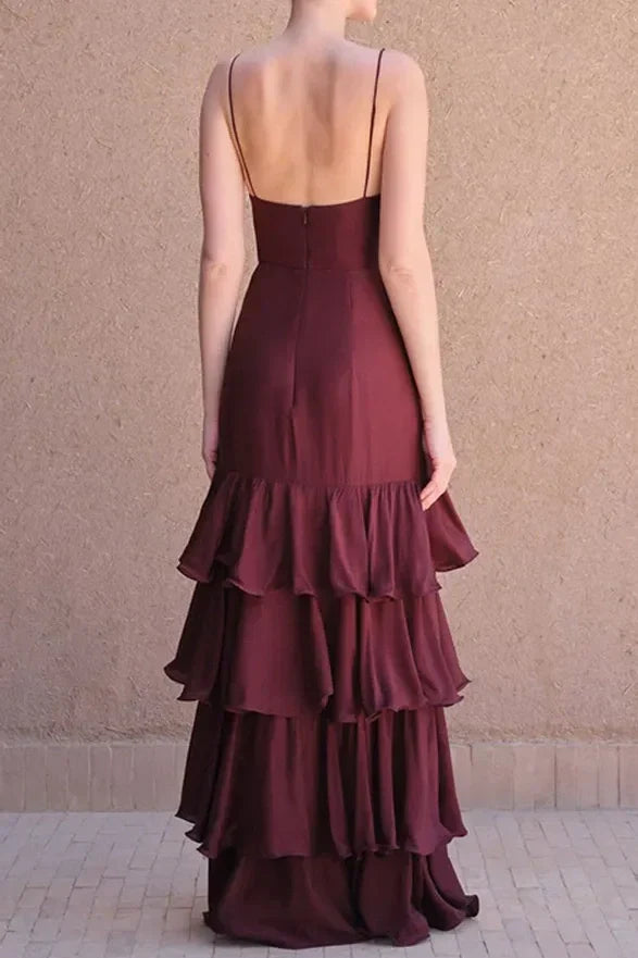 Trendy A Line Spaghetti Straps Burgundy Long Prom Dress with Ruffles