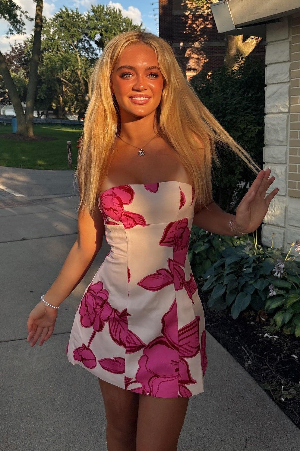 Trendy A Line Strapless Pink Printed Short Homecoming Dress