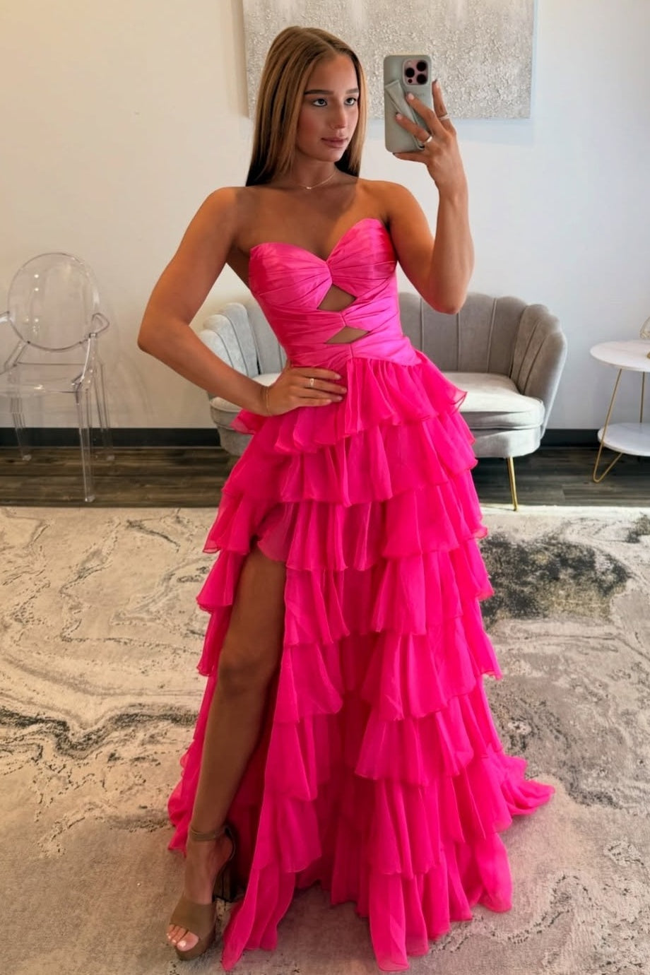 Trendy A Line Sweetheart Hot Pink Long Prom Dress with Keyhole Ruffles
