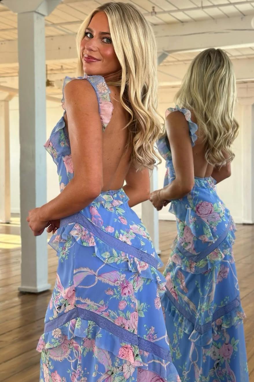 Beautiful Mermaid Spaghetti Straps Floral Print Yellow Long Prom Dress with Ruffles