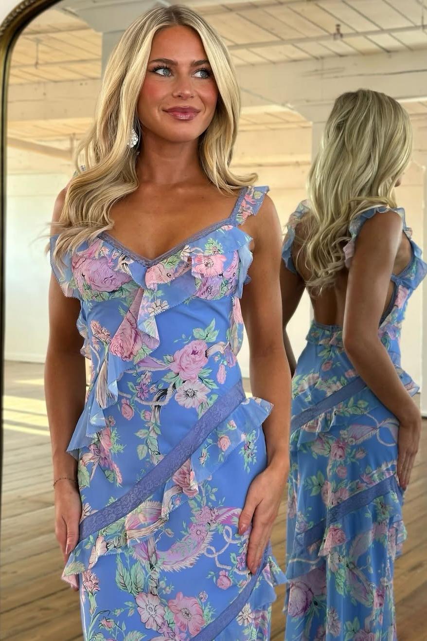 Beautiful Mermaid Spaghetti Straps Floral Print Yellow Long Prom Dress with Ruffles