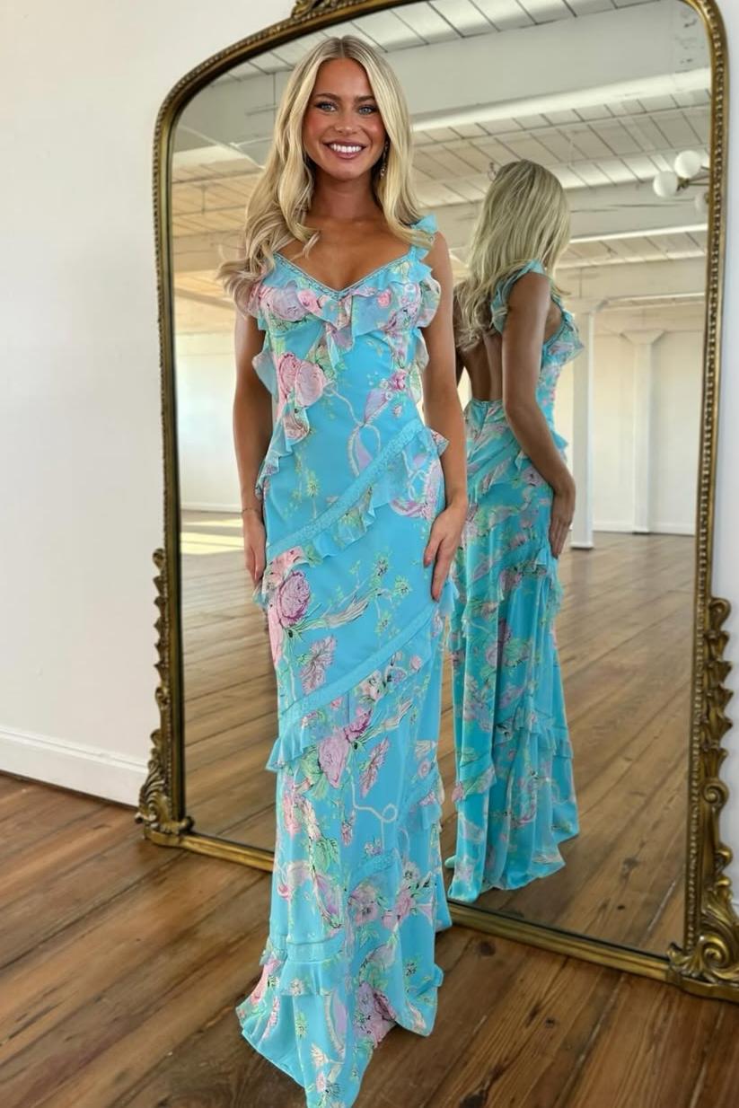 Beautiful Mermaid Spaghetti Straps Floral Print Yellow Long Prom Dress with Ruffles