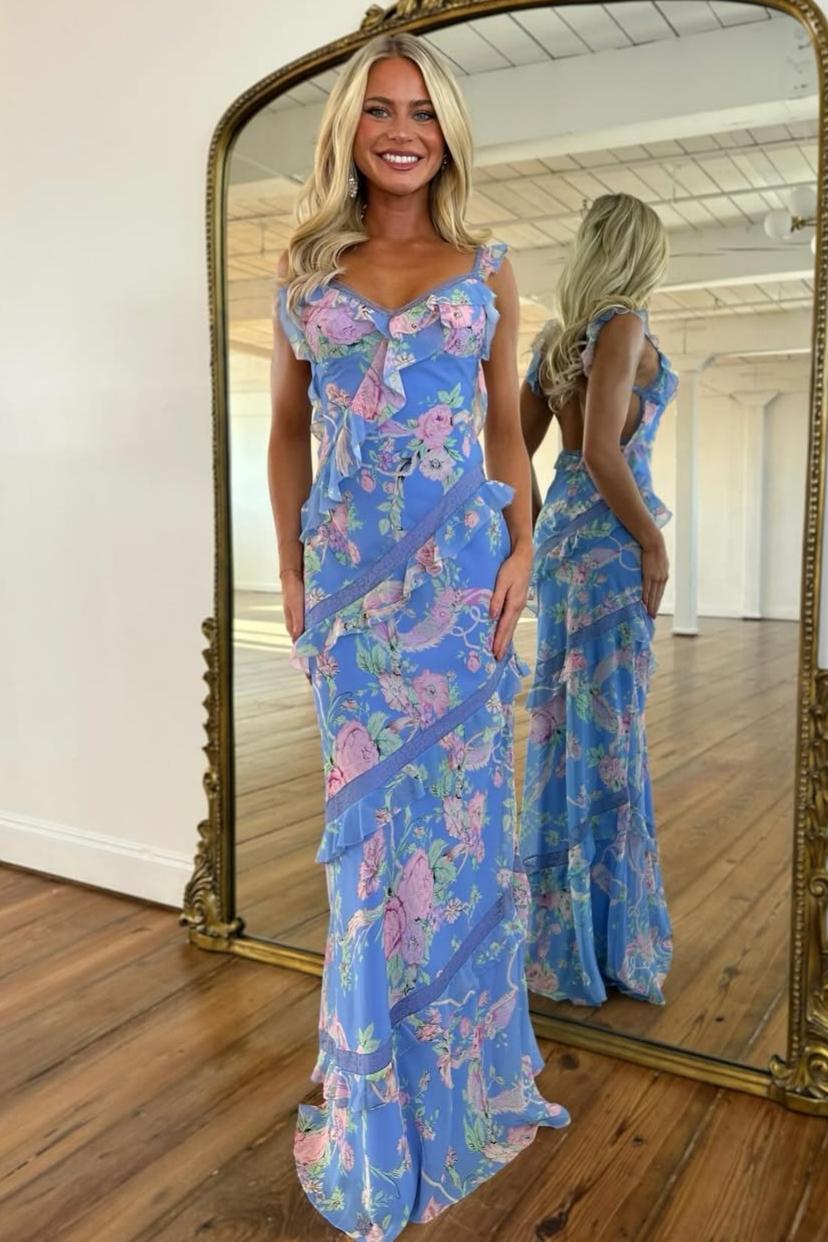 Beautiful Mermaid Spaghetti Straps Floral Print Yellow Long Prom Dress with Ruffles