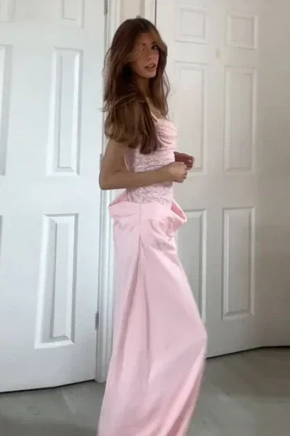 Trendy Mermaid Spaghetti Straps Light Pink Long Prom Dress with Lace