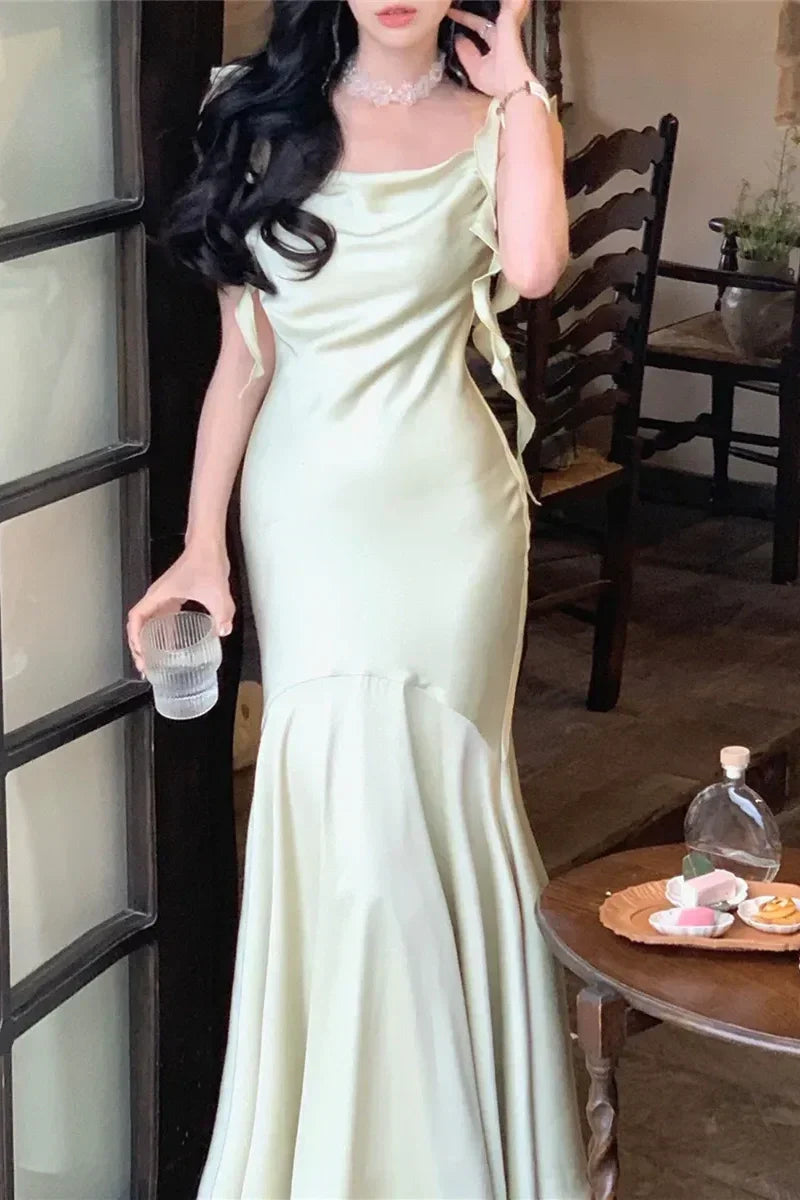 Trendy Mermaid Spaghetti Straps Light Pink Long Prom Dress with Ruffles