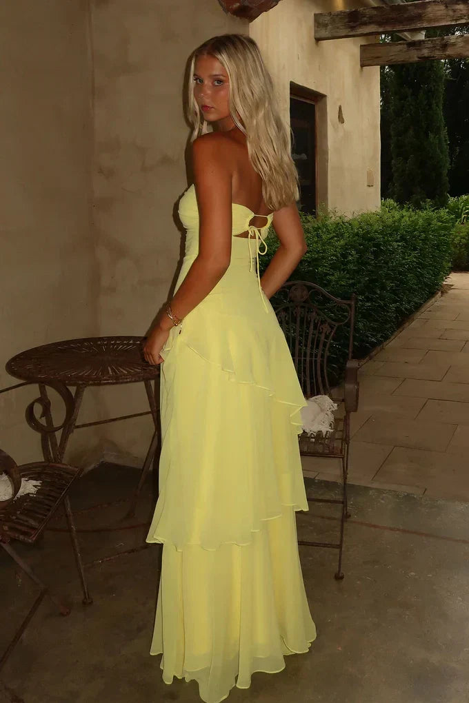 Trendy Mermaid Sweetheart Yellow Long Prom Dress with Ruffles Keyholes
