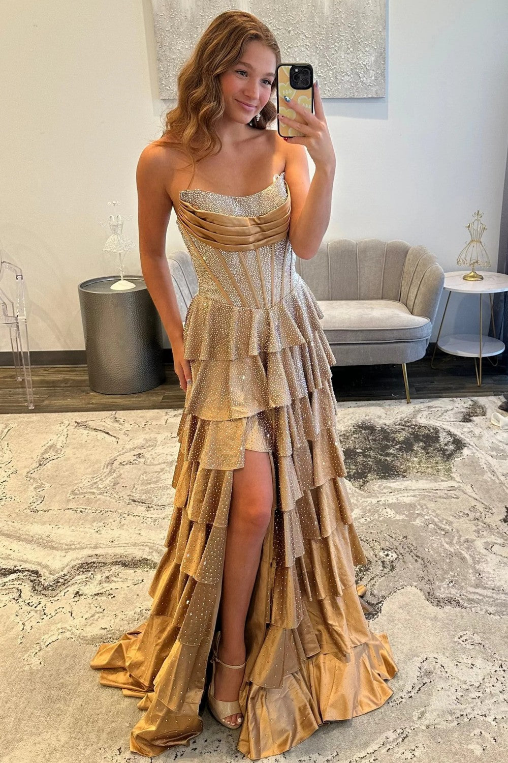 Chic A-Line Strapless Champagne Corset Prom Dress with Beading Ruched - FashionDia