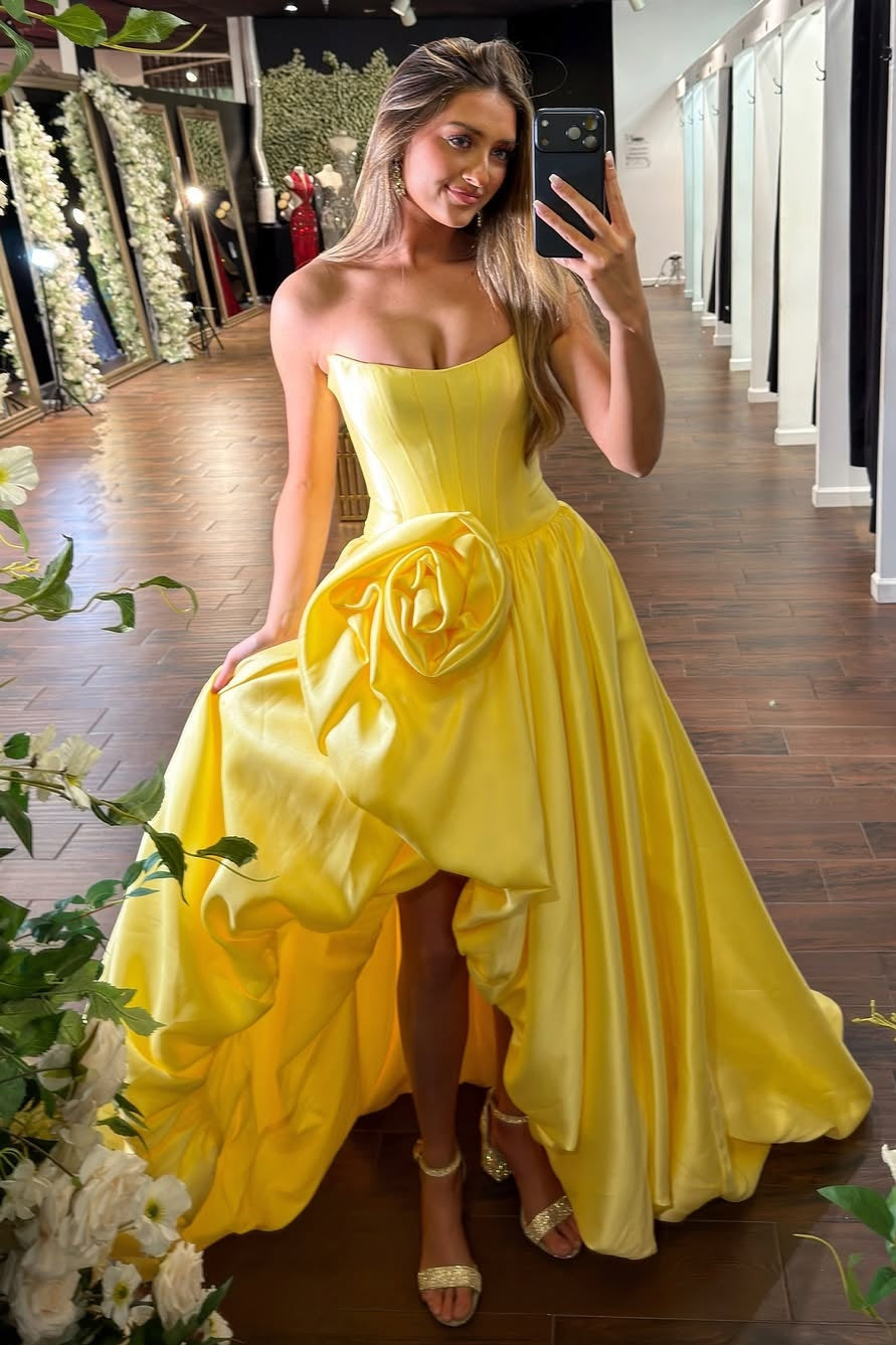 Trendy A Line Strapless Red Corset Prom Dress with 3D Flowers