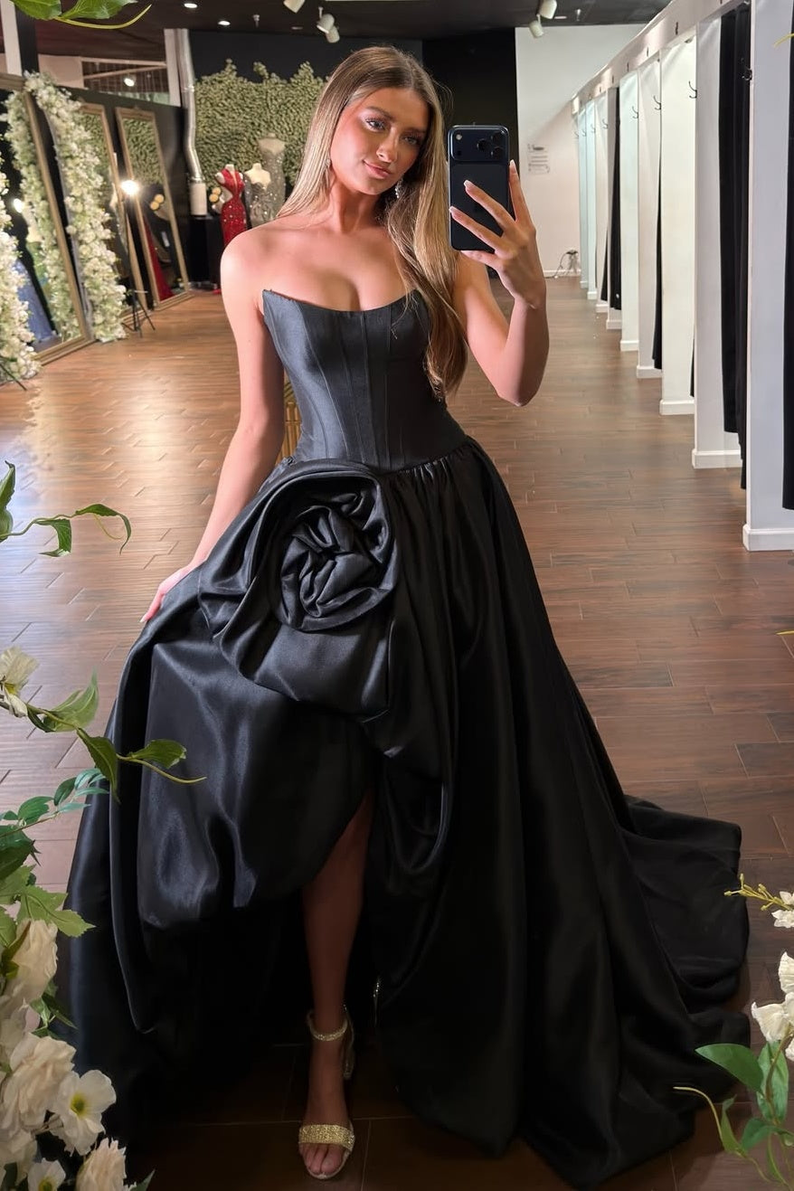 Trendy A Line Strapless Red Corset Prom Dress with 3D Flowers