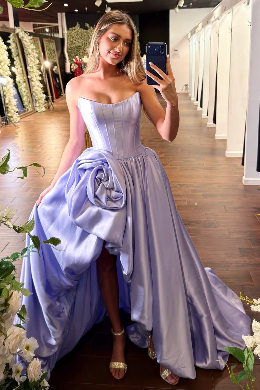 Trendy A Line Strapless Red Corset Prom Dress with 3D Flowers