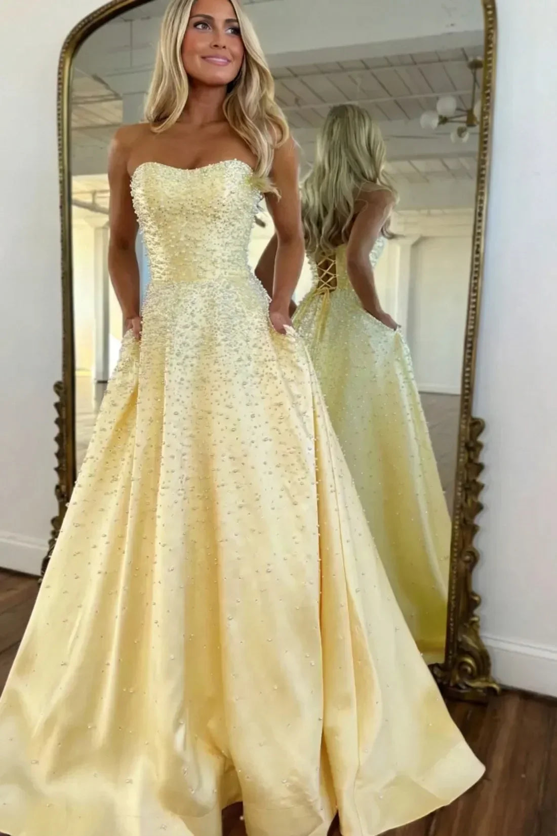 Luxurious A Line Sweetheart Yellow Long Prom Dress with Pearls Criss Cross Back