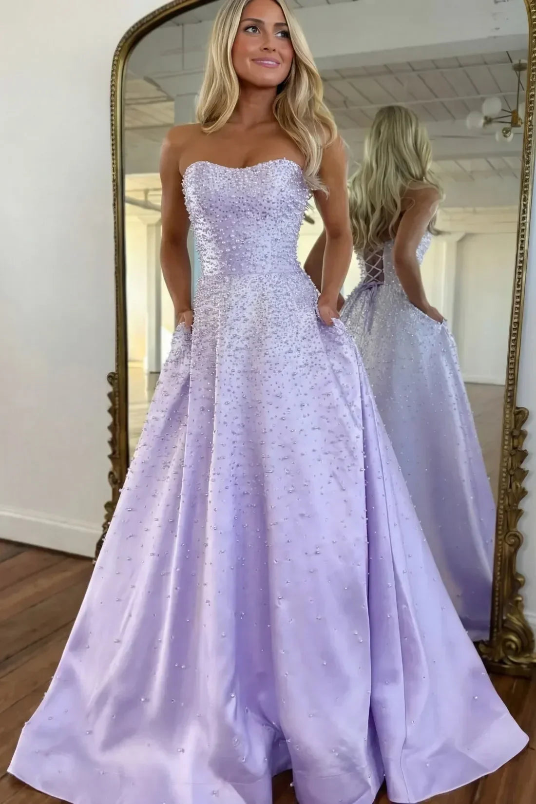 Trendy A Line Sweetheart Pink Long Prom Dress with Pearls Criss Cross Back