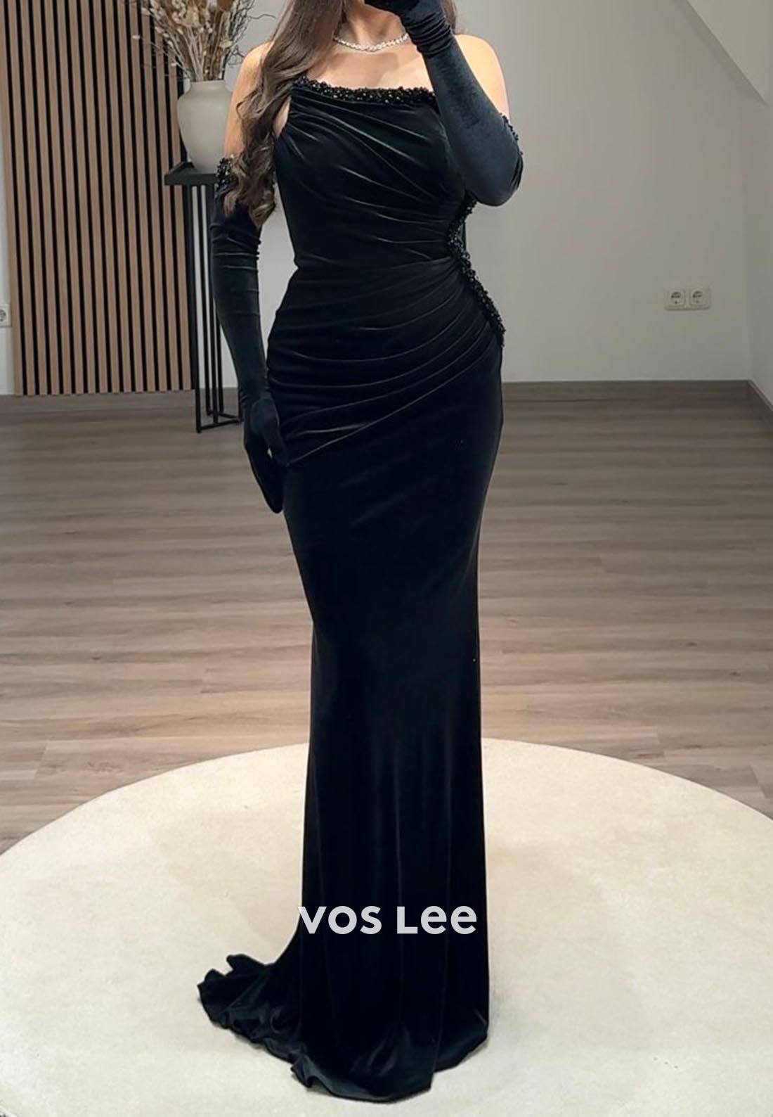 Column Off the Shoulder Pleated Floor-Length Beading Formal Evening Dresses