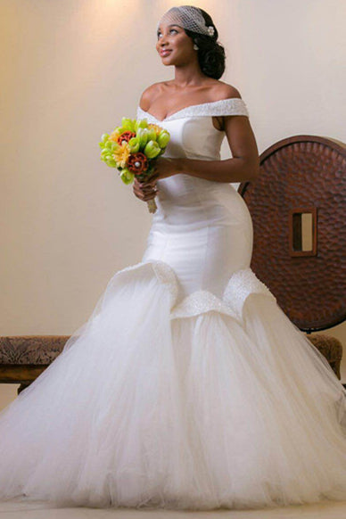 Tulle Mermaid White Glamorous Beads Sweep-Train Lace-up Off-the-shoulder Wedding Dress