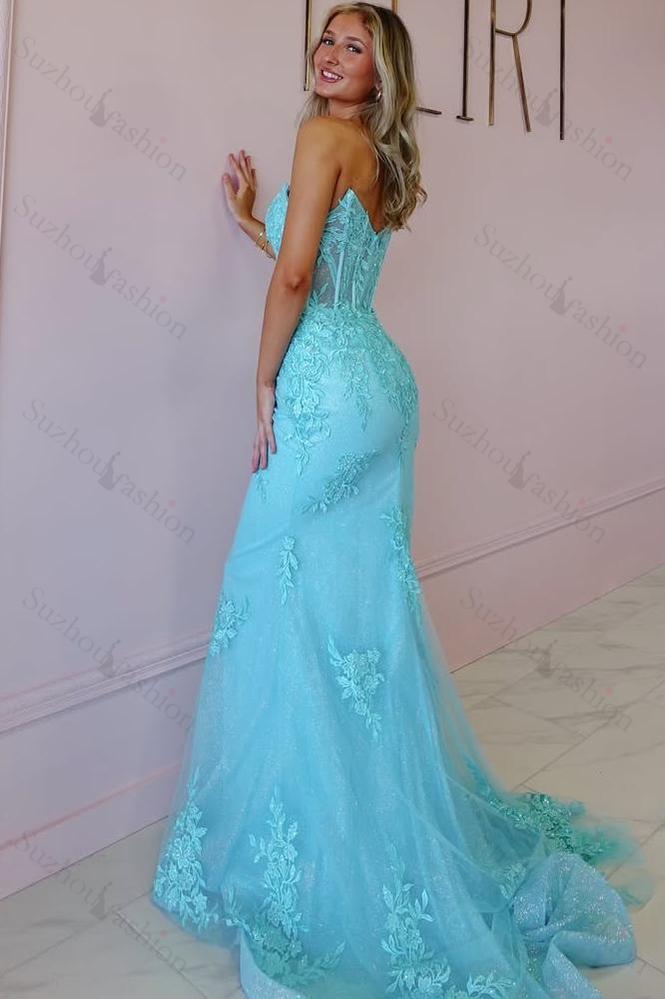 Tulle Strapless Sleeveless Long Mermaid Evening Formal Dress With Appliques
