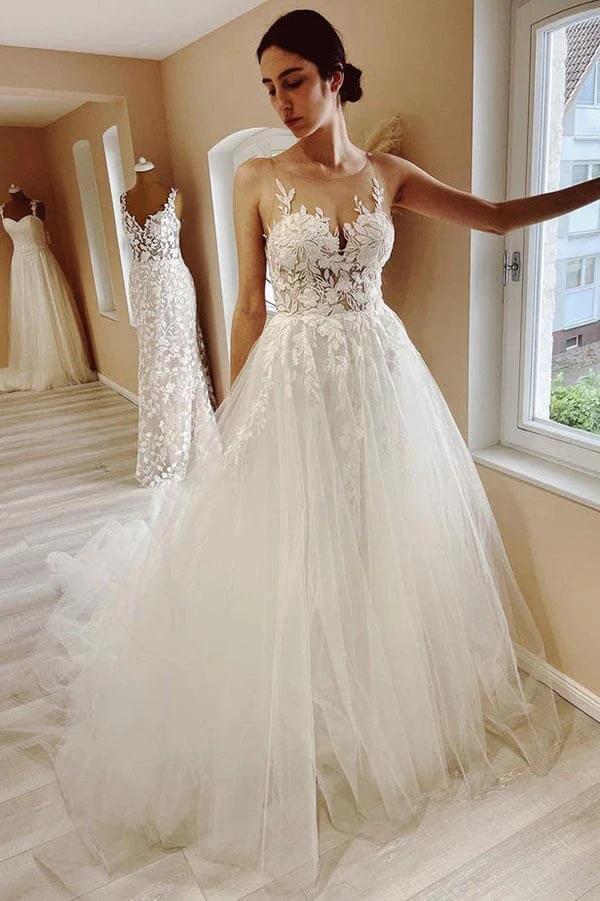 Tulle A-line Sheer Neck Beach Wedding Dress With Lace Appliques (ZD16155)