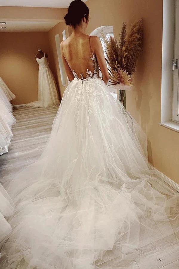 Tulle A-line Sheer Neck Beach Wedding Dress With Lace Appliques (ZD16155)