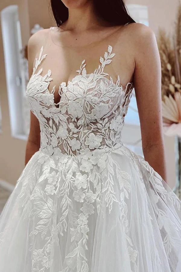 Tulle A-line Sheer Neck Beach Wedding Dress With Lace Appliques (ZD16155)