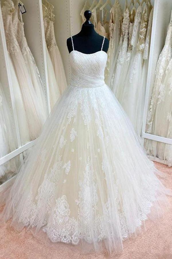 Tulle Lace Spaghetti Straps Appliqued Ball Gown Wedding Dresses (ZD16240)