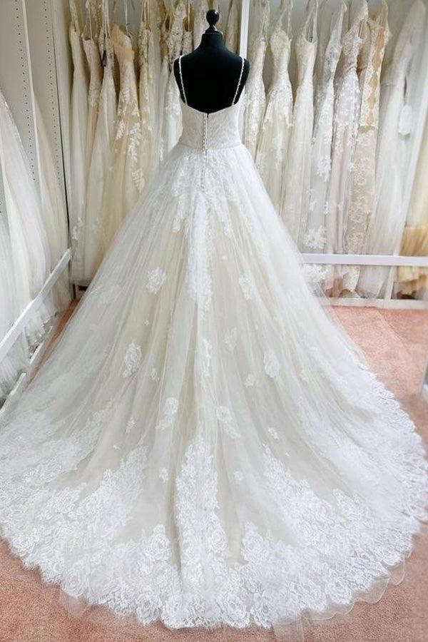 Tulle Lace Spaghetti Straps Appliqued Ball Gown Wedding Dresses (ZD16240)