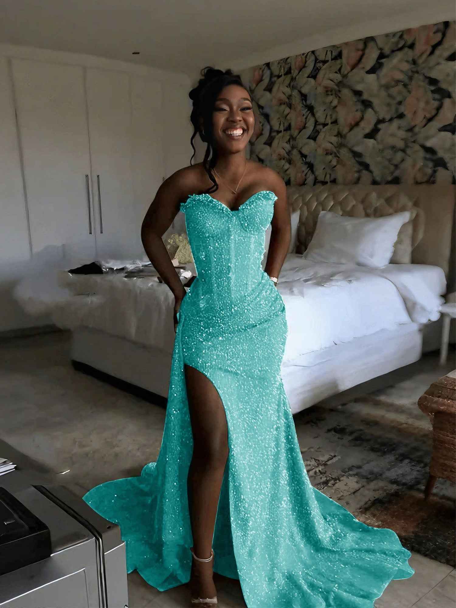 Glitter Strapless Mermaid Sequined Long Prom Dress with Slit (ZD17399)