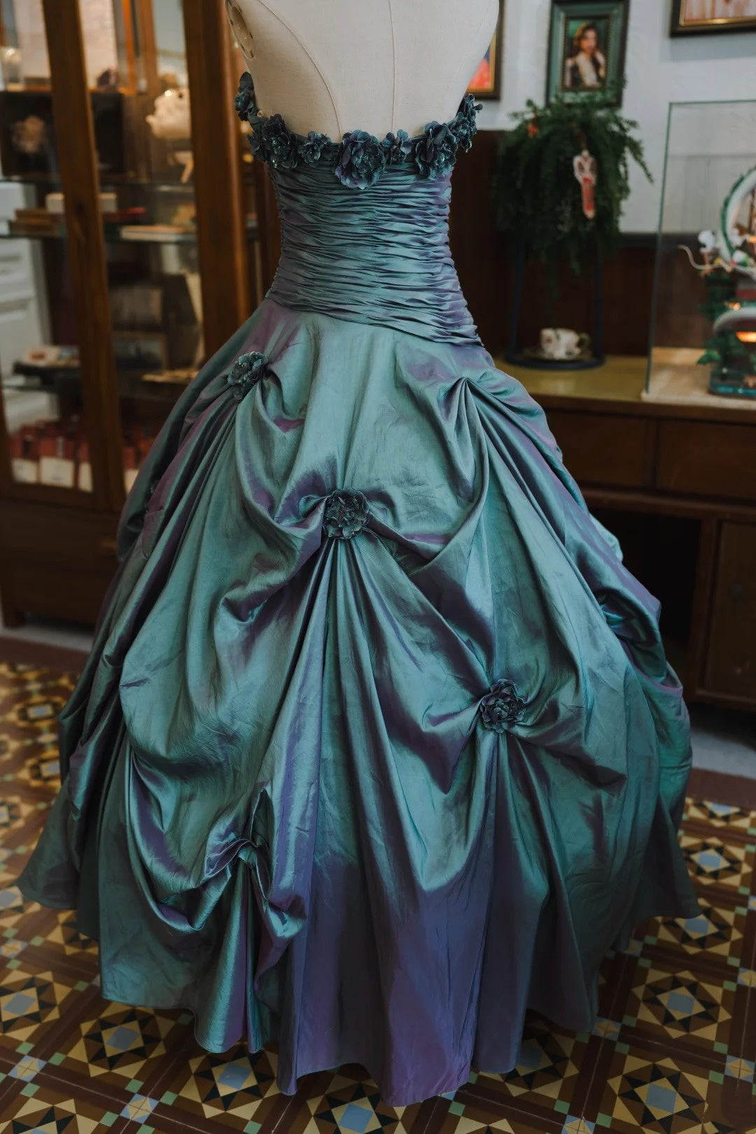 Turquoise A-Line Taffeta Prom Dress With 3d Flowers Sweet 16 Birthday Gown