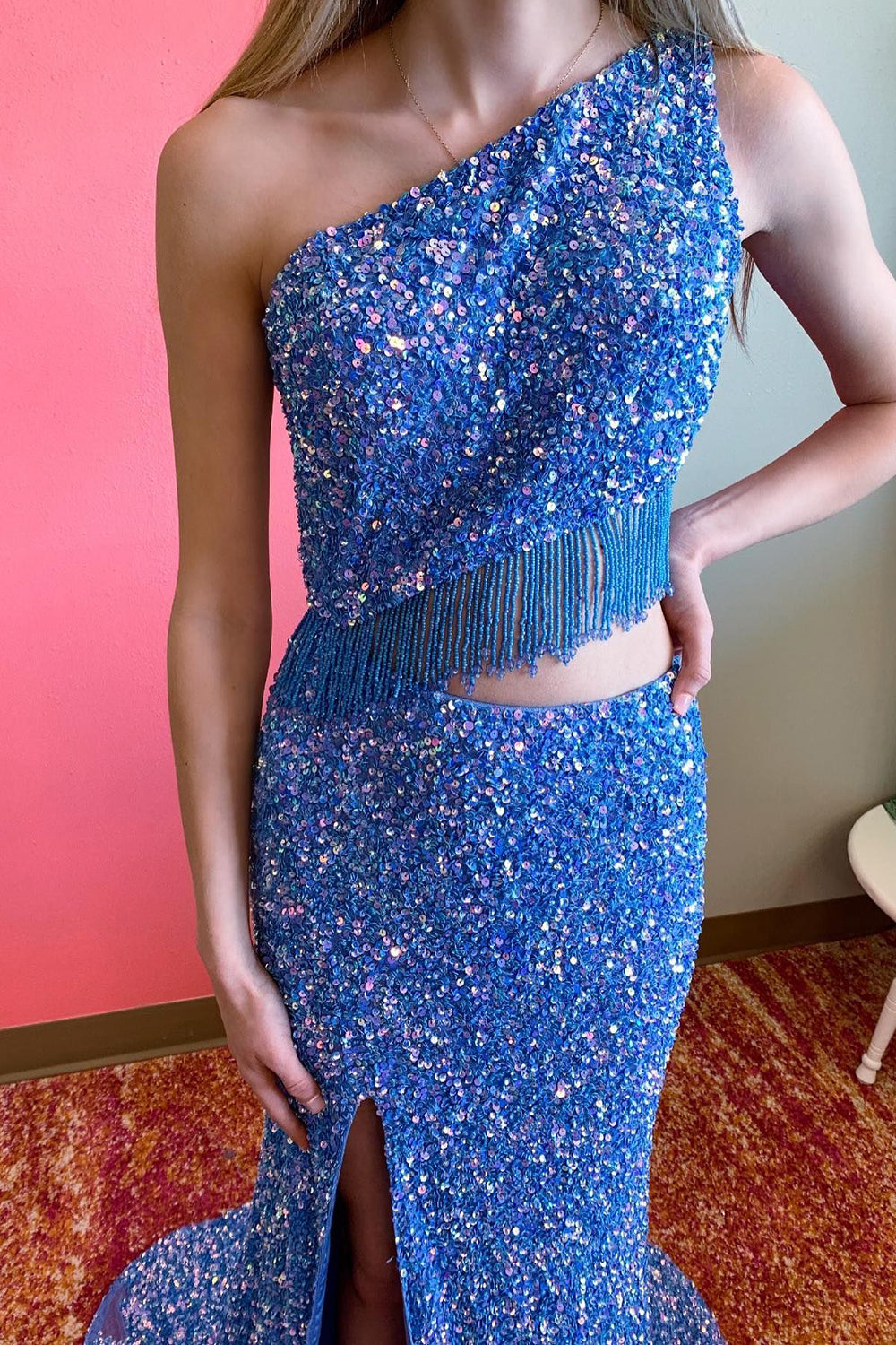 Two-Piece One Shoulder Sequined Prom Dress with Split