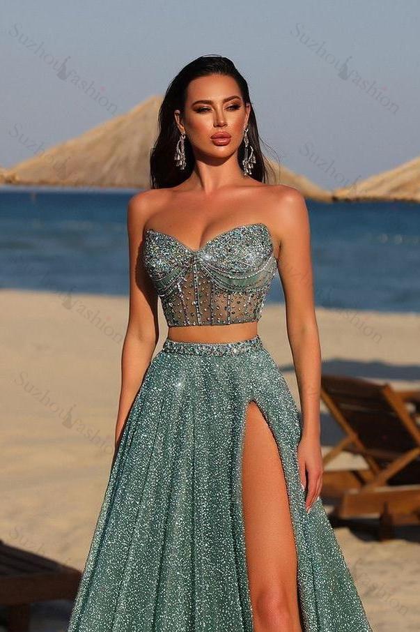 Two Pieces Strapless Sleeveless Long Split Evening Formal Dress With Beadings