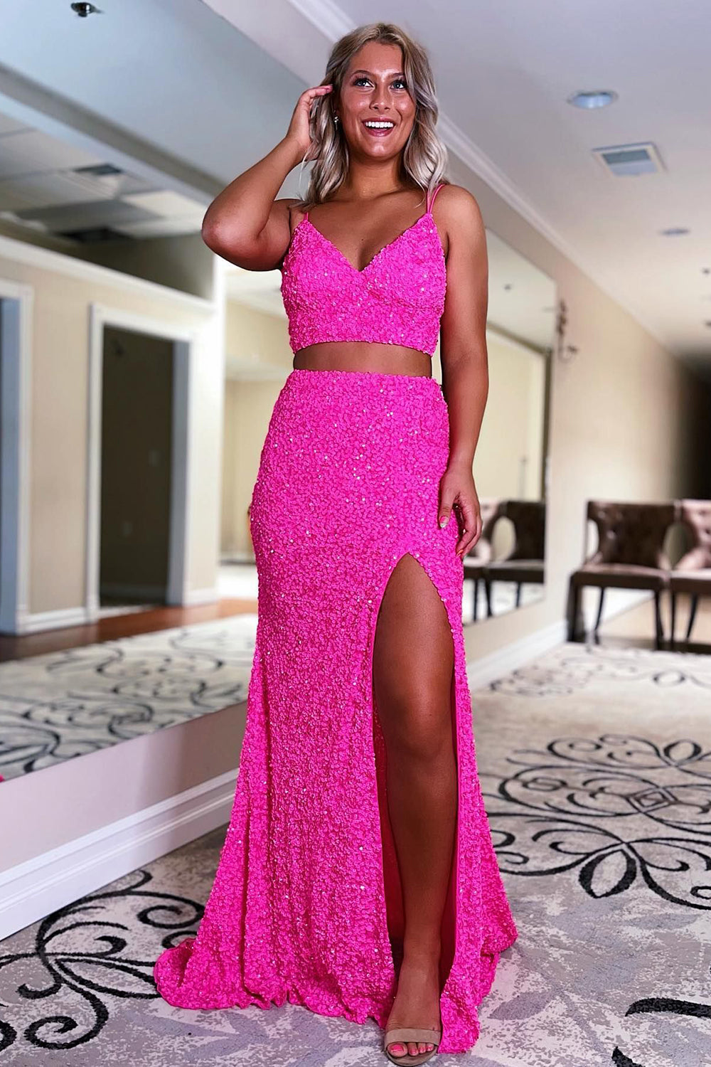 Two Piece Spaghetti Straps Hot Pink Sequins Long Prom Dress with Split Front
