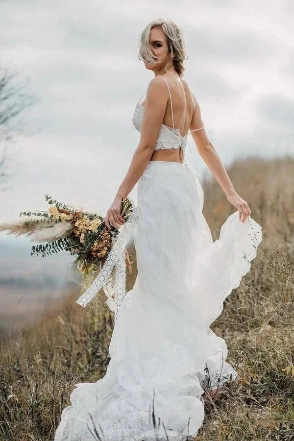 Two Pieces Lace Appliques Spaghetti Straps Wedding Dresses Bridal Gown (ZD16185)