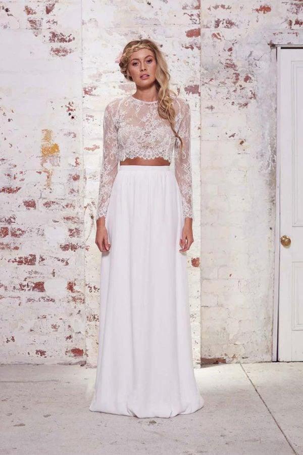 Two Pieces Long Sleeves Lace White Beach Wedding Bridal Dresses (ZD15351)