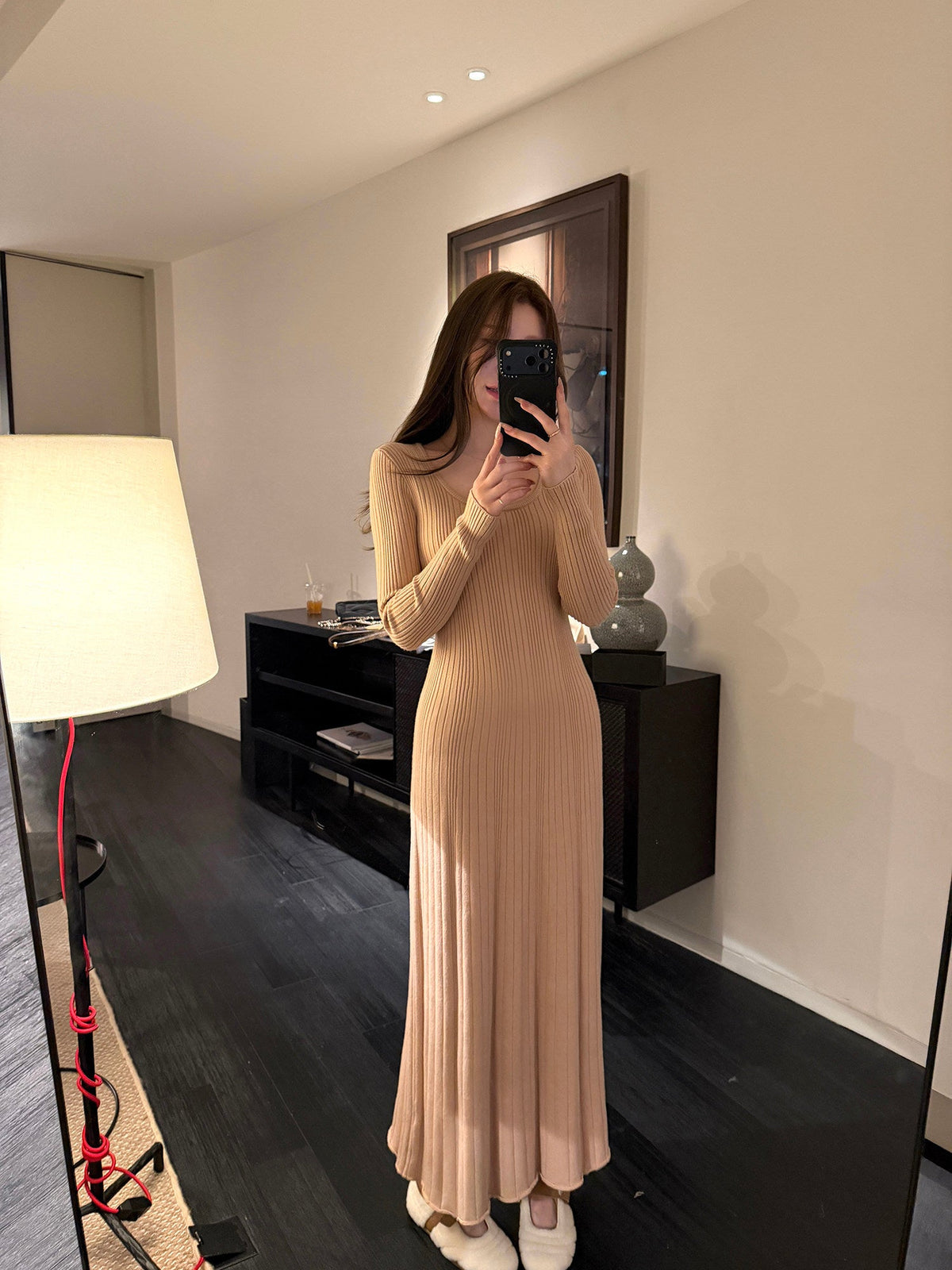 U-neck Knit Dress Slim-Fit Long Dress Autumn Outfit