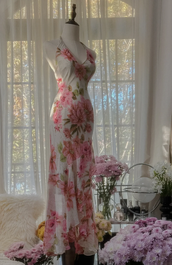 Pretty Halter V-Neck Chiffon Print Floral Beaded Mermaid Long Party Dress Formal Wedding Guest Dress - View 2 | FashionDia