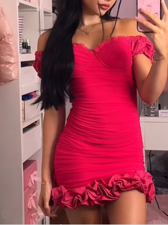 Pretty Hot Pink Off The Shoulder Sheath Ruffles Short Homecoming Dress Cocktail Dress