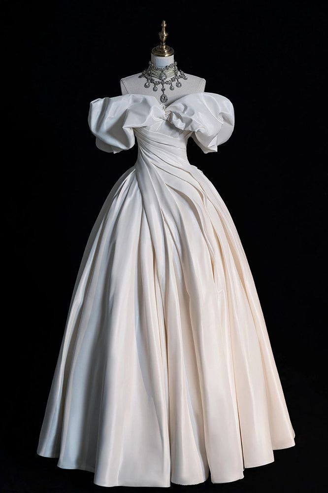 White Off the Shoulder Puffy Wedding Dress, Floor Length Satin Bridal Dresses