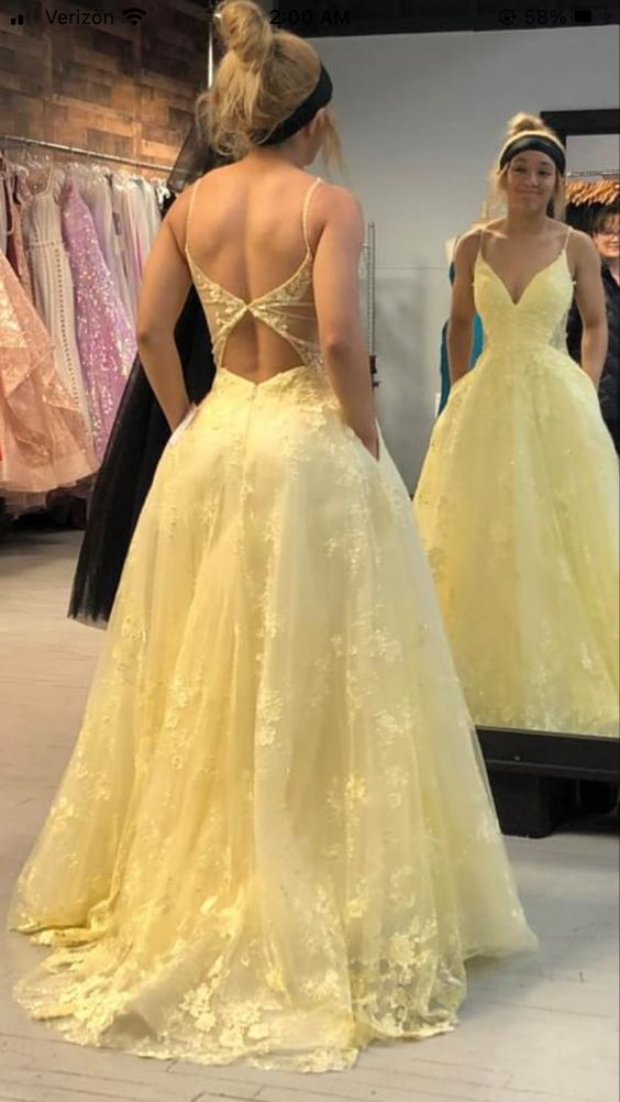 Yellow Lace Prom Dress Long, Formal Dress, Dance Dresses, Graduation School Party Gown