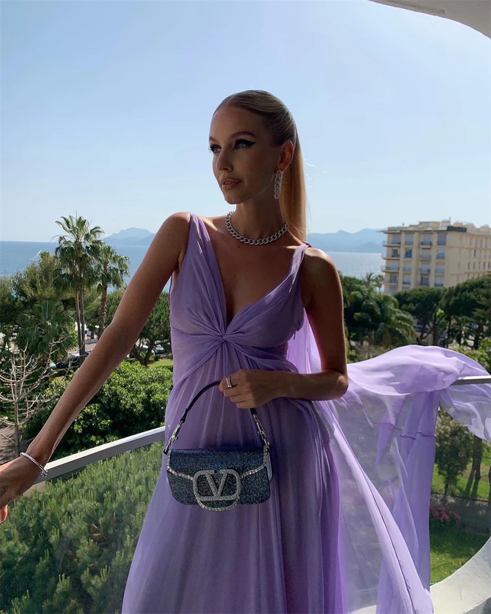 Simple Purple V Neck Tulle Prom Dress Long Evening Gown Y7774 - View 2 | VelvetHem