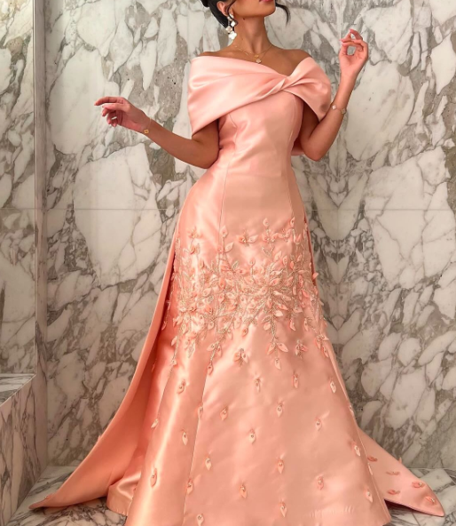 Chic Off-the-Shoulder Satin Beaded Appliques Pink Long Party Dress Evening Gown - View 3 | FashionDia