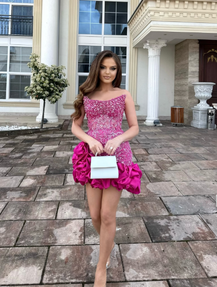 Gorgeous Strapless Satin Beaded Pleated Cocktail Dress Hot Pink Sheath Homecoming Dress - View 3 | FashionDia