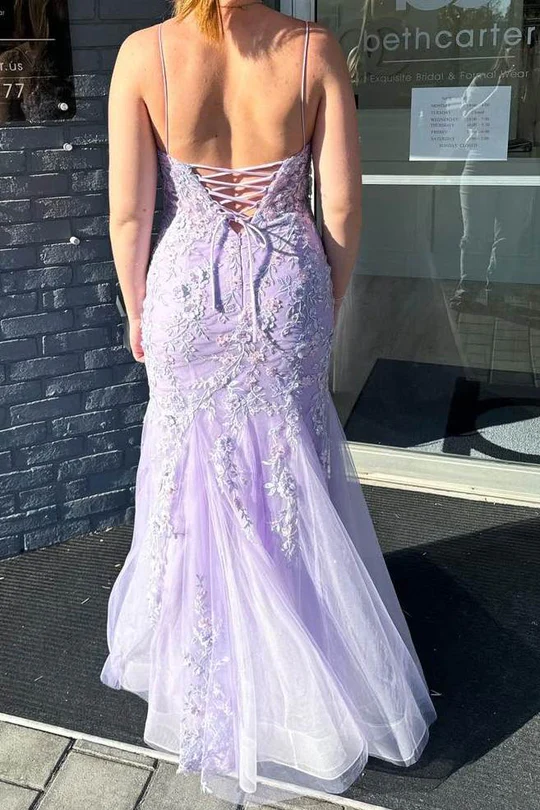 Lilac Spaghetti Straps Lace Appliques Mermaid Prom Dress Long Evening Gown Y7933 - View 3 | VelvetHem