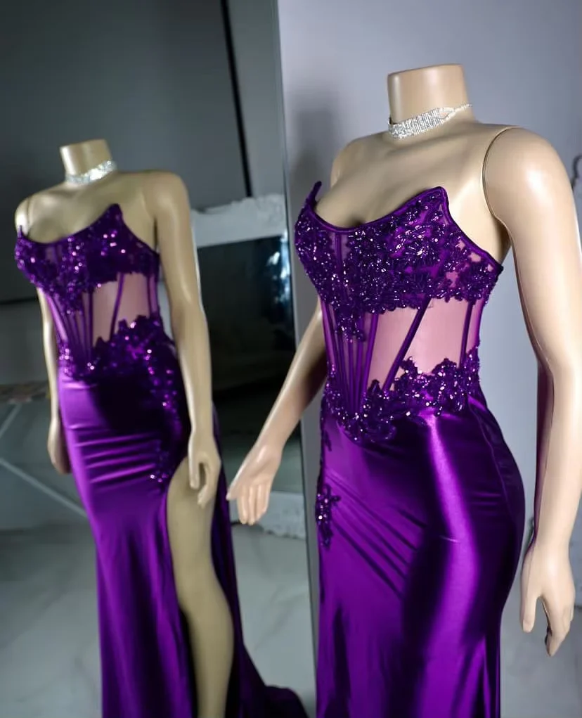 Luxury Purple Satin Lace Appliques Evening Dress,Mermaid Slit Party Prom Dress - View 2 | FashionDia