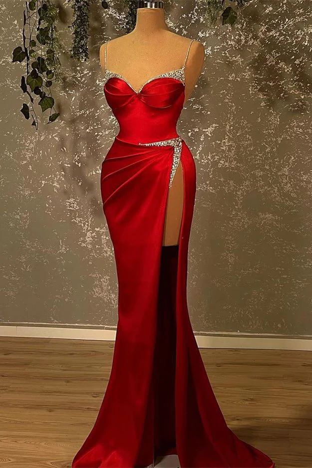Burgundy Spaghetti-Straps Beadings Mermaid Prom Dress With Split - FashionDia