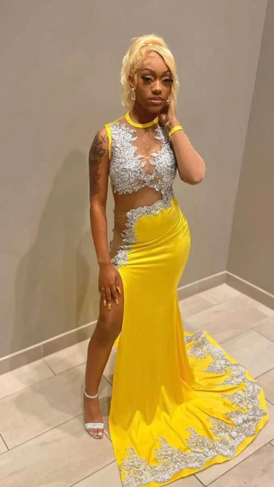 black girl yellow lace evening dresses,silver lace prom dresses, sexy evening dresses - FashionDia