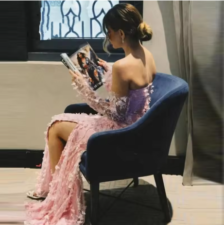 Elegant Pink Strapless Tulle Appliques Beaded Slit Mermaid Evening Dress Long Party Dress - View 4 | FashionDia