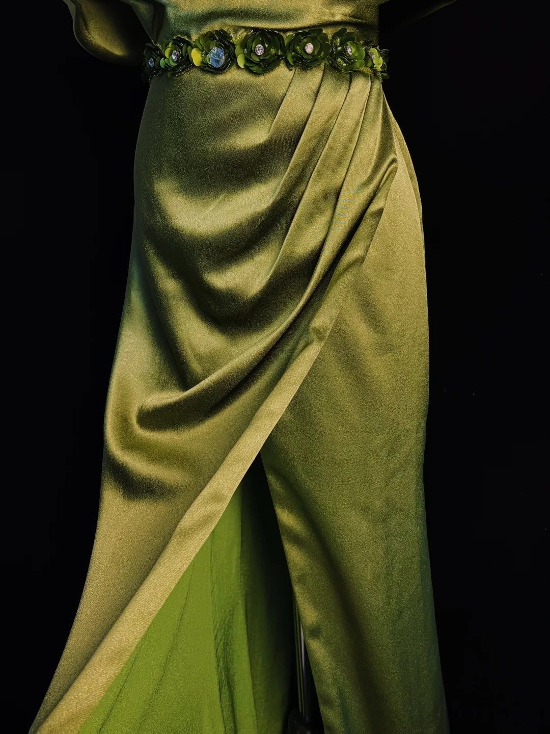 Classy Olive Green Satin Off The Shoulder Slit Prom Dress Slit Mermaid Evening Dress Y8650 - View 4 | VelvetHem
